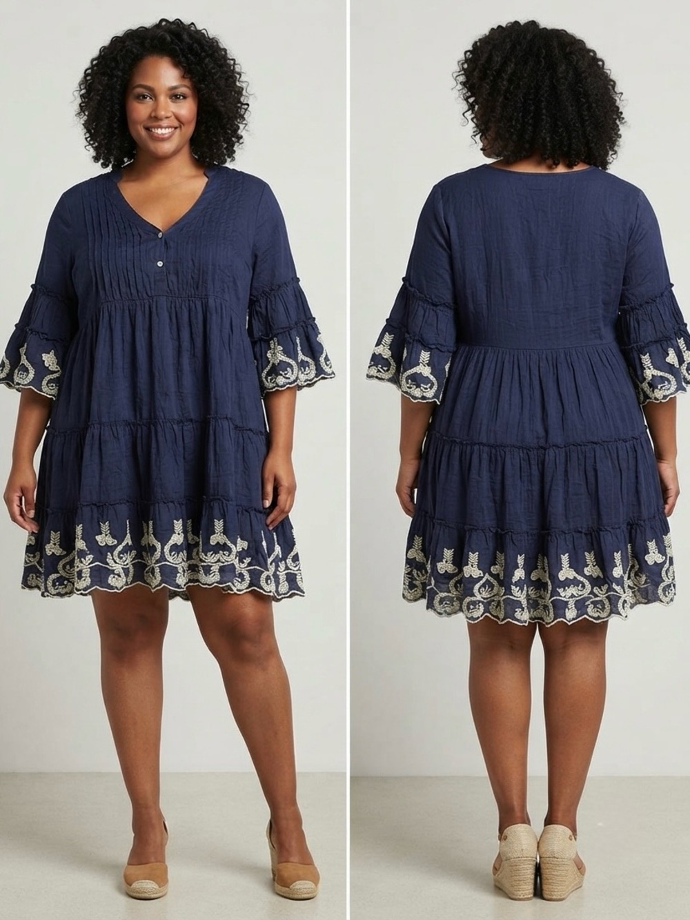 Embroidered Navy Tiered Mini Dress - Women's
